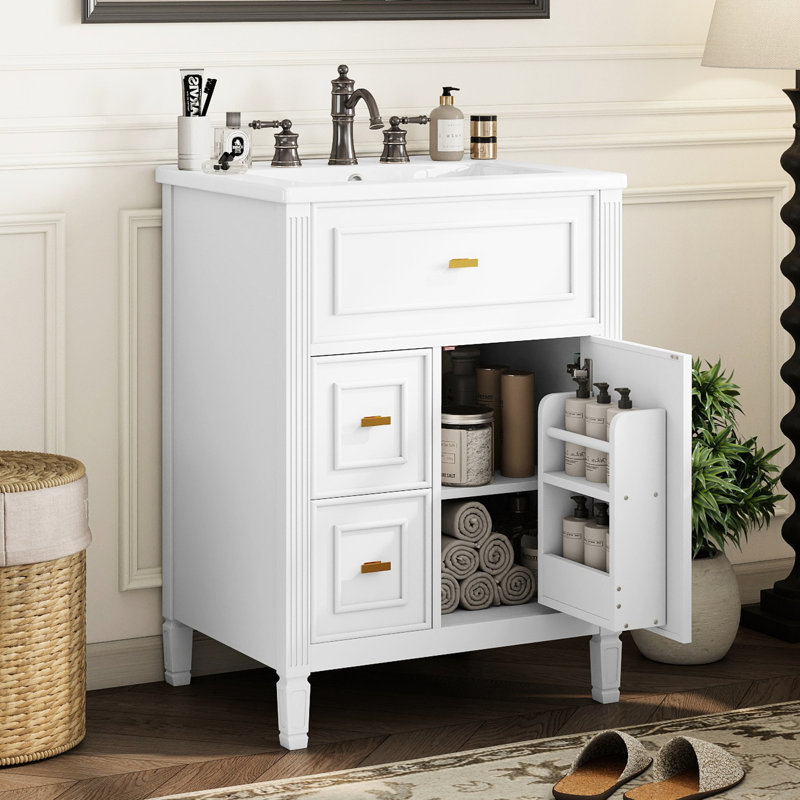 Meuble-lavabo blanc 24 po avec lavabo, structure en bois massif, planches, un tiroir rabattable, deux tiroirs, tablette réglable, charnières en céramique et acier inoxydable