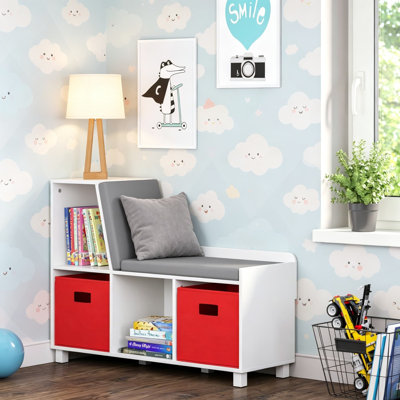 Kids Reading Nook Bench with White Cubby Storage and Comfy Cushioned Seat, Toy Organizer for Toddler Room, Modern Design with Red Bins