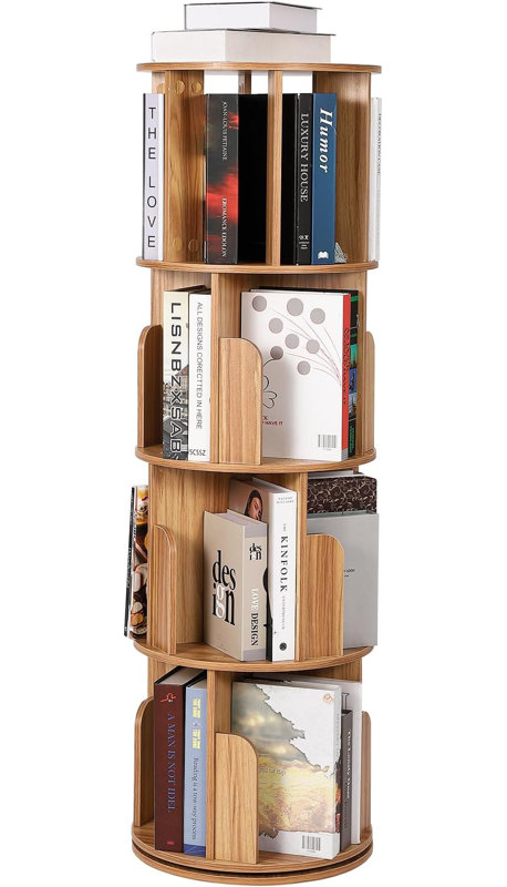Tour de bibliothèque pivotante à 360° à 4 niveaux – Bibliothèque d'angle pivotante – Meuble de rangement sur pied pour chambre, salon, chambre d'enfant – Couleur bois naturel