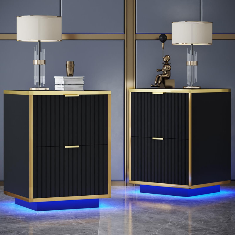 Ensemble de lit plateforme tapissier à DEL avec 2 tables de chevet modernes à DEL - ensemble de chambre à coucher 3 pièces