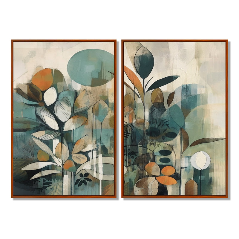 «Orange and Green Abstract Bohemia III», impressions sur toile orange sur 2 panneaux, H 36 po x l 48 po, Brun