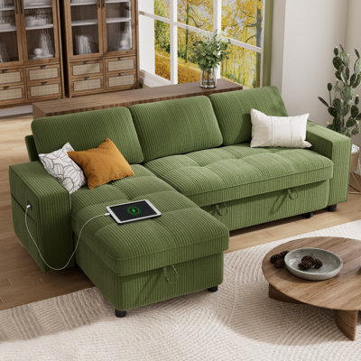 Multifunctional Sectional Sleeper Sofa with USB/Type-C Charging, 5-Position Adjustable Backrest, Tool-Free Assembly, Corduroy Fabric with Removable Washable Covers – L-Shape Sofa