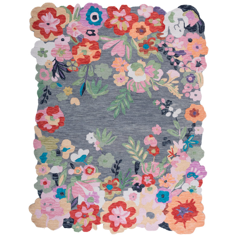 Floral rug wool/cotton hand tufted Garden in Gray/Pink, Rectangle 9' x 12'