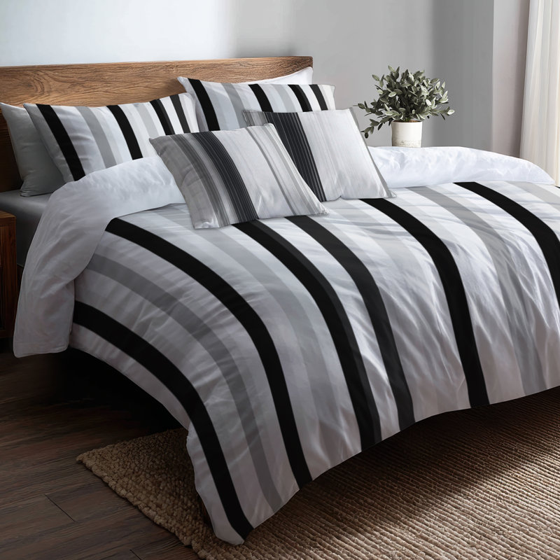 Ensemble de literie moderne 5 pièces - Ensemble de housse de couette et de coussin rayé noir et gris