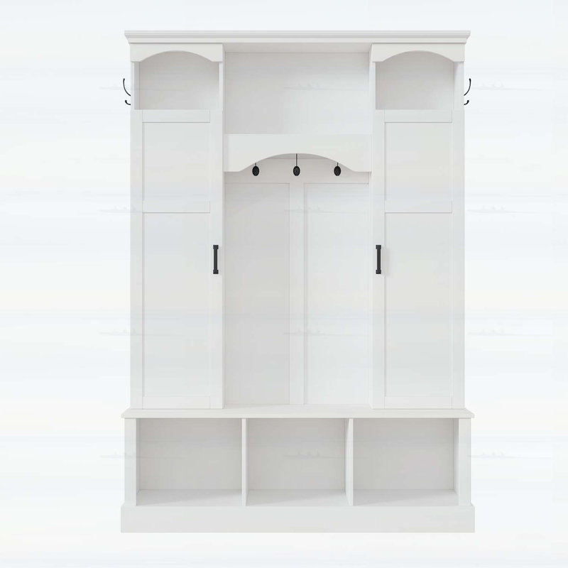 Classic All-in-One Hall Tree with Adjustable Shelves,Storage Bench with Dual Side Cabinets, White
