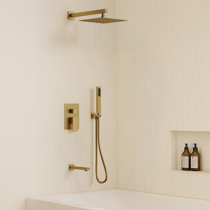 Wall Mount 10" High-Pressure Rainfall Shower System, Tub Shower Faucet Set with Rough-in Valve, Brushed Gold