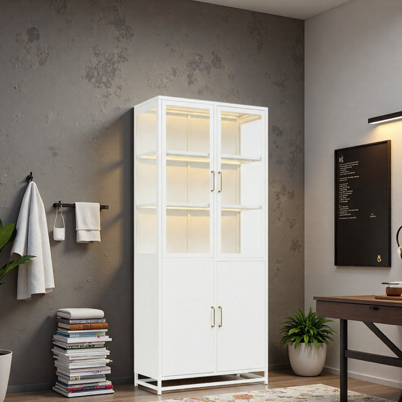 76.75'' Tall Display Cabinet, With Glass Doors And LED Lights, White