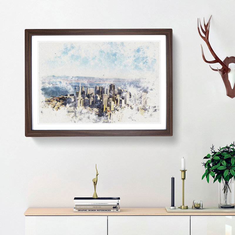 View Of San Francisco Watercolour - Framed Print, 35cm H x 50cm W x 2cm D, Walnut
