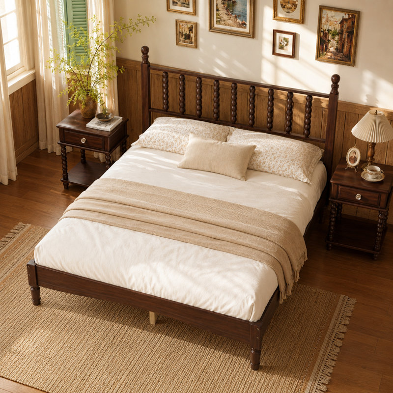 Lit plateforme en bois de noyer avec tête de lit en forme de gourde, cadre de lit de style rétro avec support en lattes de bois, aucun sommier requis