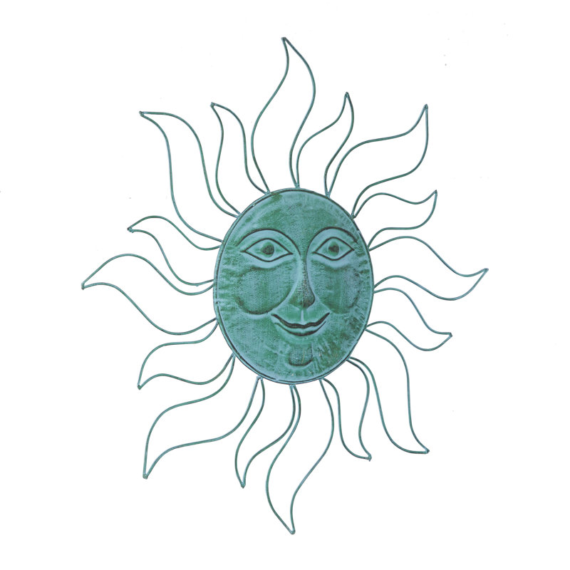 Metal Indoor Outdoor Sun Teal Wall Decor with Wire Frame, Turquoise