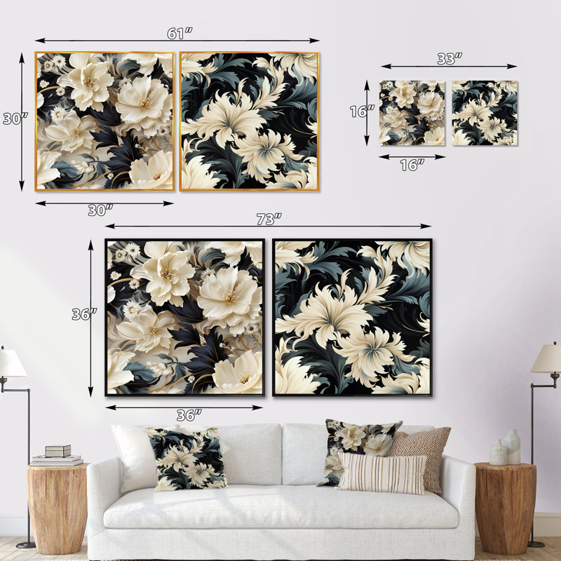 Willia - Ensemble de 2 collages carrés floraux, Cadre flottant noir, H 36 po x l 73 po