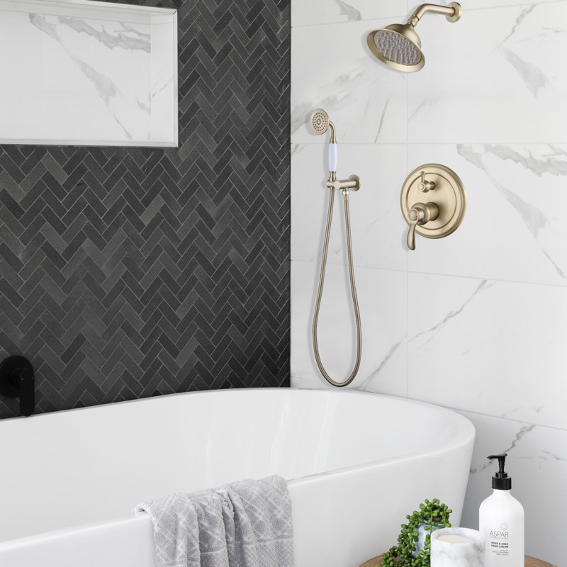 Pressure-Balanced Complete Shower System With Rough-in Valve, Brushed Gold