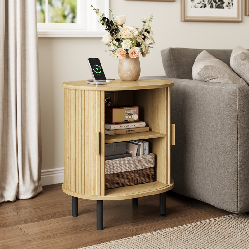 Table de bout ronde en bois 23,5 "avec station de charge, Chêne, 1