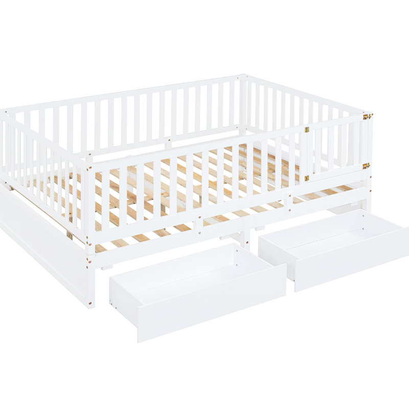 Full Size Daybed With Fence Guardrails & 2 Drawers, Easily Split Into Beds, White Drawers And Guardrails, Splits 2,, Full