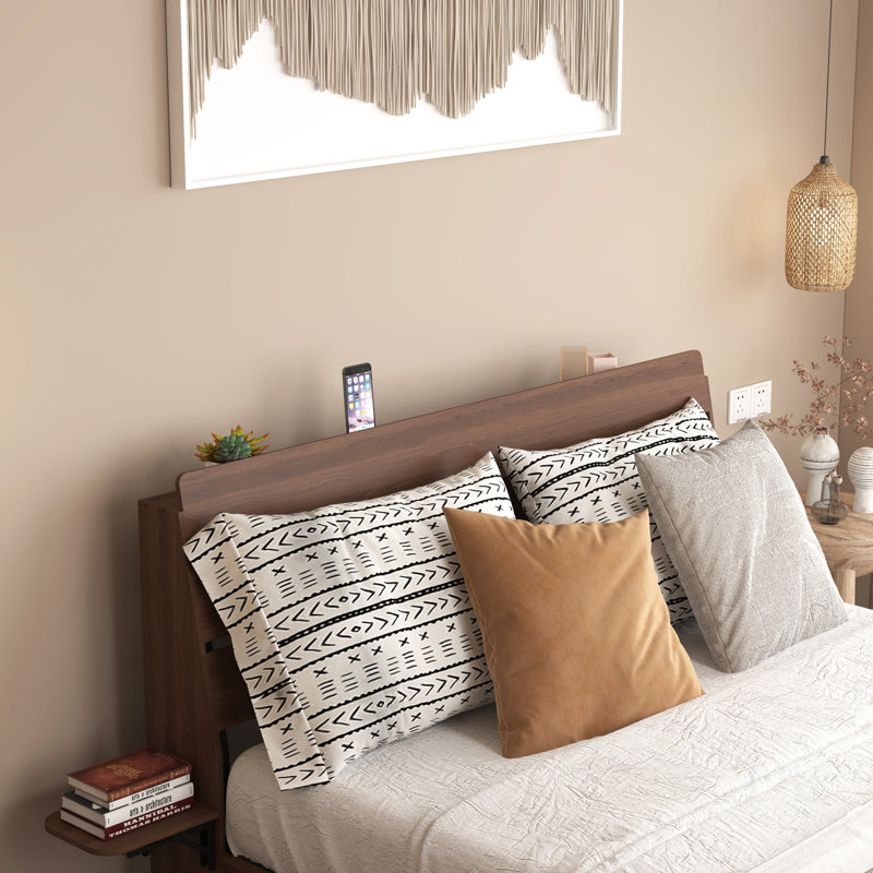 Cadre de lit flottant grand avec lumières à DEL et station de charge, cadre de lit grand en bois avec tête de lit, aucun sommier requis, assemblage facile