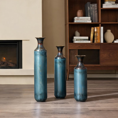 Vases et bocaux combinant 20,4 po et métal bleu turquoise avec ensemble de 3 et finition riche bleu brûlé