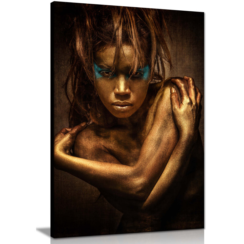Panther Print Fine Art Prints Woman In Golden Body Paint Portrait Artistic Framed Canvas Prints, Pictures For Home Walls, Bedroom, Living Room & Bathroom Decor - Wrapped Canvas Art Prints