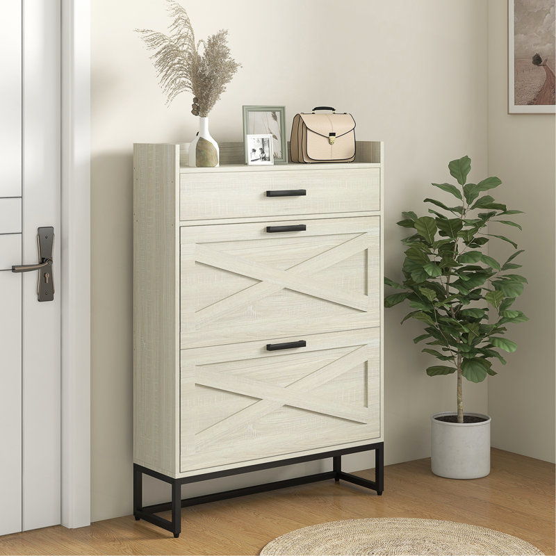 Narrow Shoe Cabinet, Industrial Storage Cabinet With 2 Flip Drawers And Top Drawer, White/Black