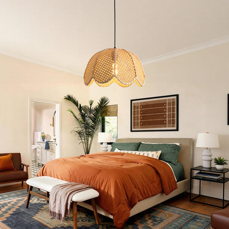 Rattan Peel & Rattan Pendant Light, Natural Mixed Materials, Iron Frame, Adjustable Height, E27 Socket, 40 Cm Diameter, For Boho Rustic Decor (Bulb Not Included)