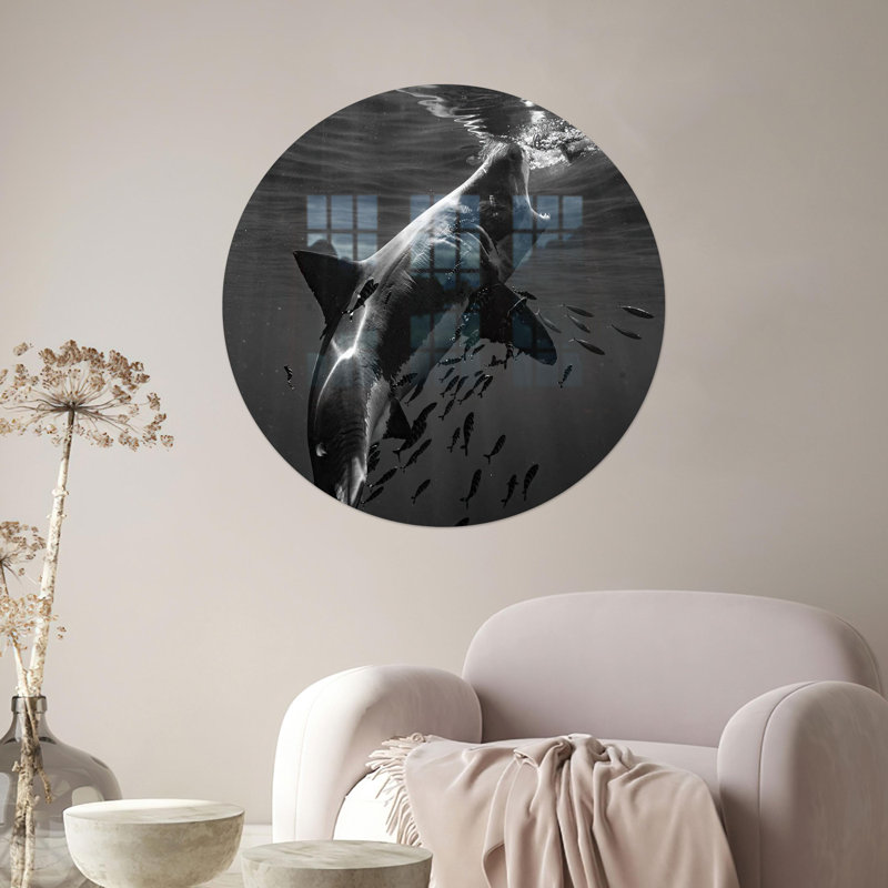 Personalized Shark And Small Fishes Glass Art Wall Hanging Perfect For Loft Or Cave As A Unique Gift, 43.3" H x 27.6" W