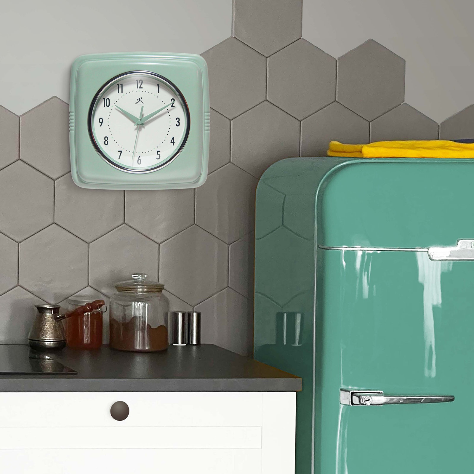 Orrwell Square Plastic Wall Clock 9.25 Inches, Sage Green/Off-White