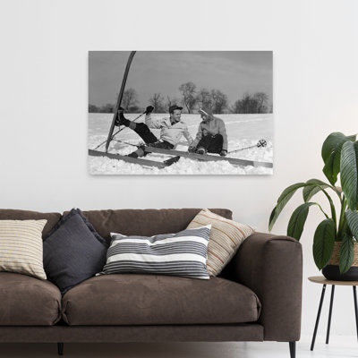 «1930S Couple Man and Woman on Skis Falling In Snow Laughing Classic Retro Vintage Winter Landscape Art mural