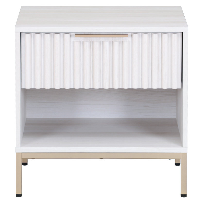 Table de chevet 1 tiroir Lylia, Blanc blanchi / or