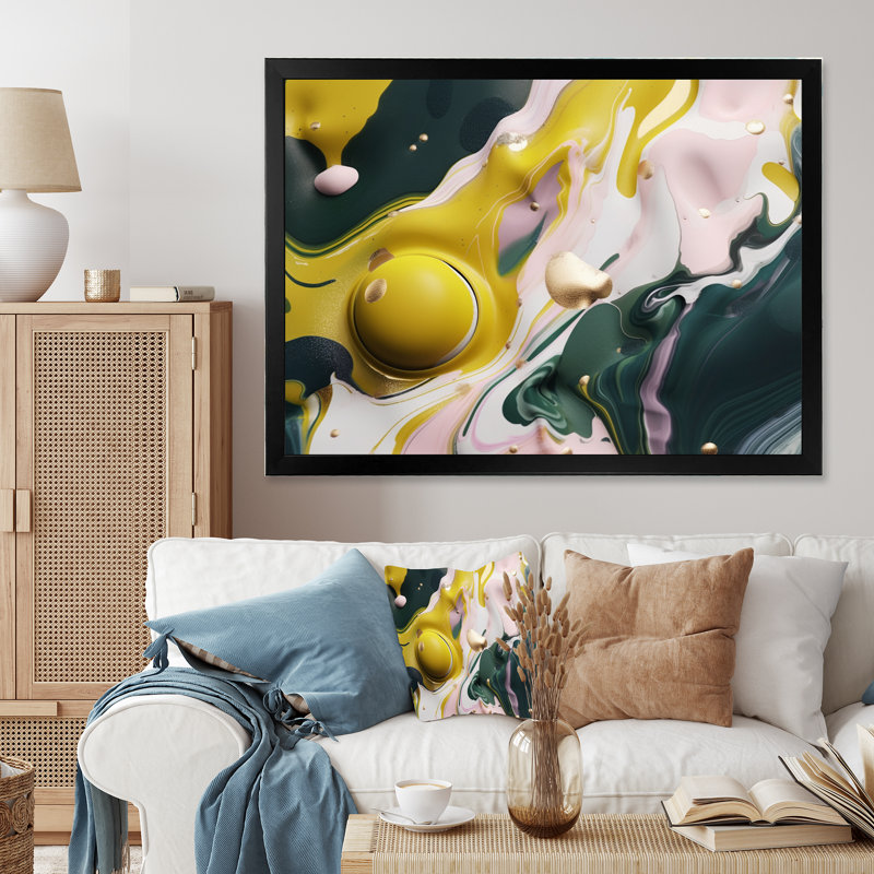 Jaune et vert pierre fluide I - impression abstraite sur toile de marbre, Cadre photo noir, H 24 po x l 32 po x P 1 po