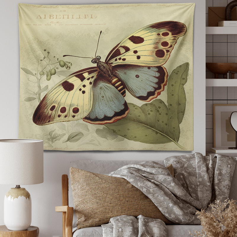 Illustration rétro en polyester de la tapisserie papillon III avec des punaises, H 32 po x l 39 po