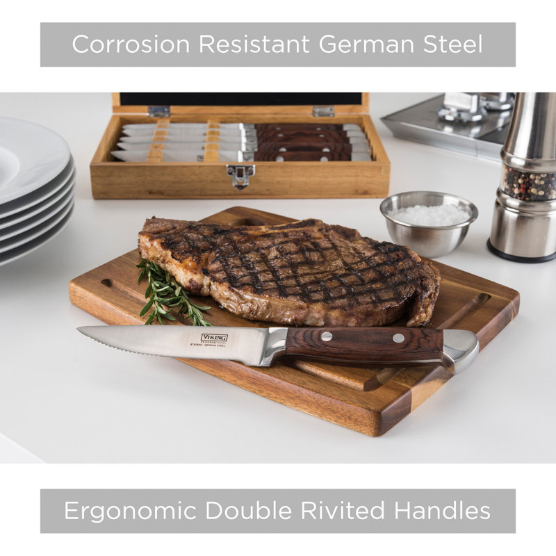 Viking Steakhouse Pakka Wood 6-Piece Steak Knife Set with Wooden Box, Red
