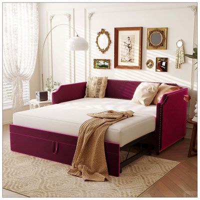 Twin Size Velvet Upholstered Daybed with Pop Up Trundle, Wine Red