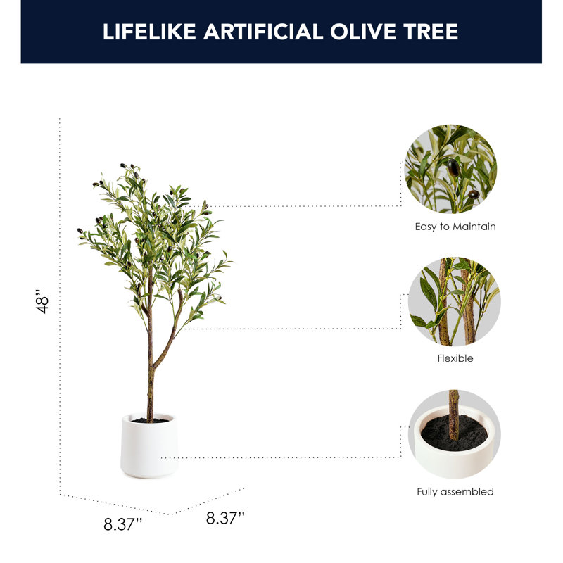 Realistic Artificial Olive Tree in a White Pot Faux Plant for Indoor Living Room or Office - 48"