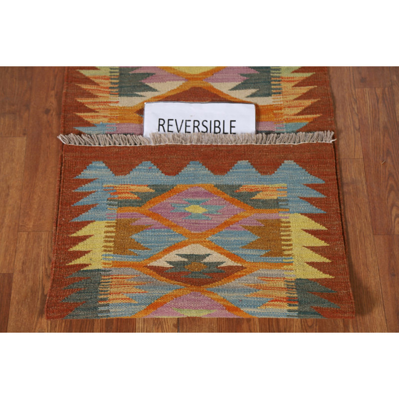 Geometric Kilim Reversible Wool Runner Rug 2x7