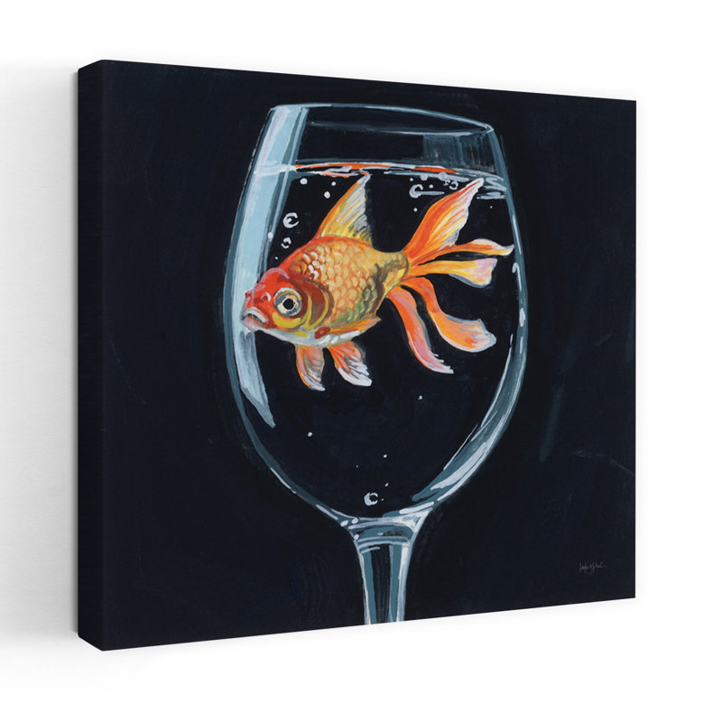 Poisson rouge dans un verre à vin, art contemporain, H 18 po x l 18 po