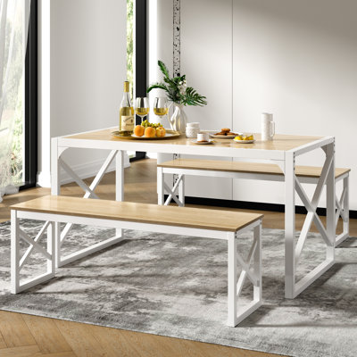 Ensemble de table de salle à manger en chêne 3 pièces avec bancs - Cuisine, petit espace, maison de campagne