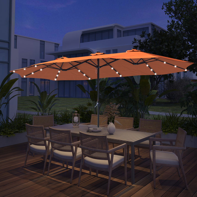 Parasol de marché extérieur à double face avec base 36 lumières à DEL avec couvercle Kirkbride 181 po x 106 po, Orange