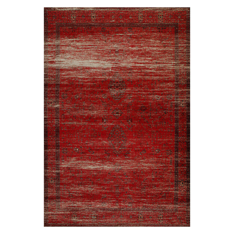 Guria Red/Beige Oriental Vintage Look Machine Printed Cotton Chenille Area Rug, Rectangle 2'8" x 5'