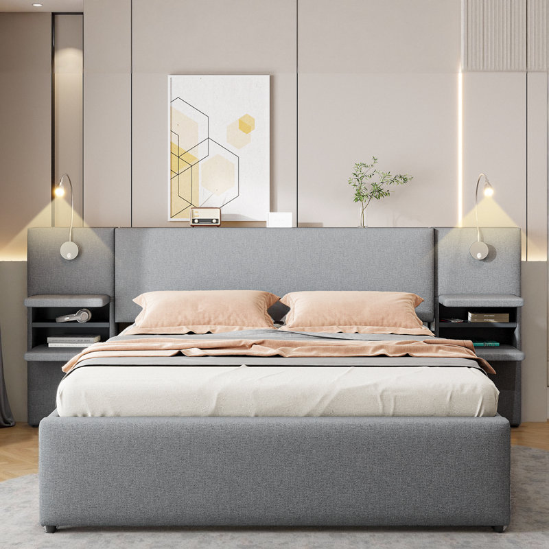 Grand lit plateforme tapissier avec lumières de lecture à DEL, tête de lit escamotable et lit gigogne - Tissu en lin moderne