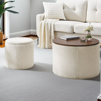2-Piece Set Round Chenille Storage Ottoman, Equipped With A Drum Shaped Small Stool, Storage Space, And MDF Made Desktop Panel