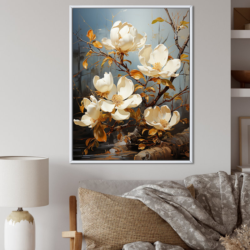 Golden Magnolias Splendor I sur impression sur toile, Cadre flottant blanc, 44" H x 34" W