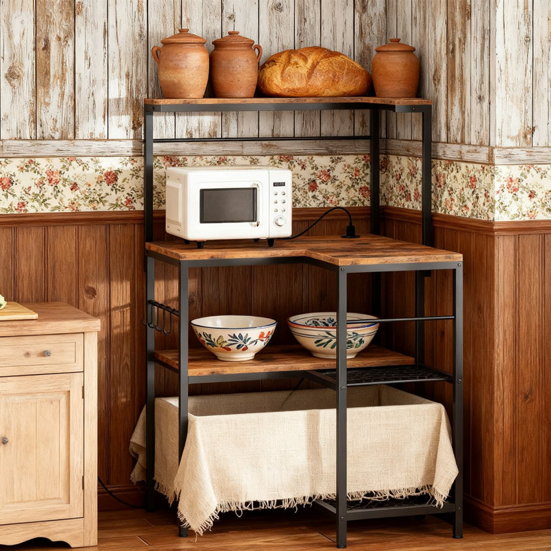 Étagère de boulanger de cuisine à 4 niveaux avec prises de courant, support de micro-ondes de coin avec tablette de rangement, crochets mobiles et 2 options d'installation pour économiser de l'espace