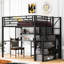 Lit mezzanine double en métal avec bureau moderne, garde-robe et tablettes de rangement - noir