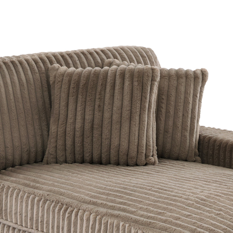Stephania Oversized Upholstered Light Brown Faux Rabbit Fur Flannel Chaise Lounge with Armrests & Throw Pillows, Light Brown