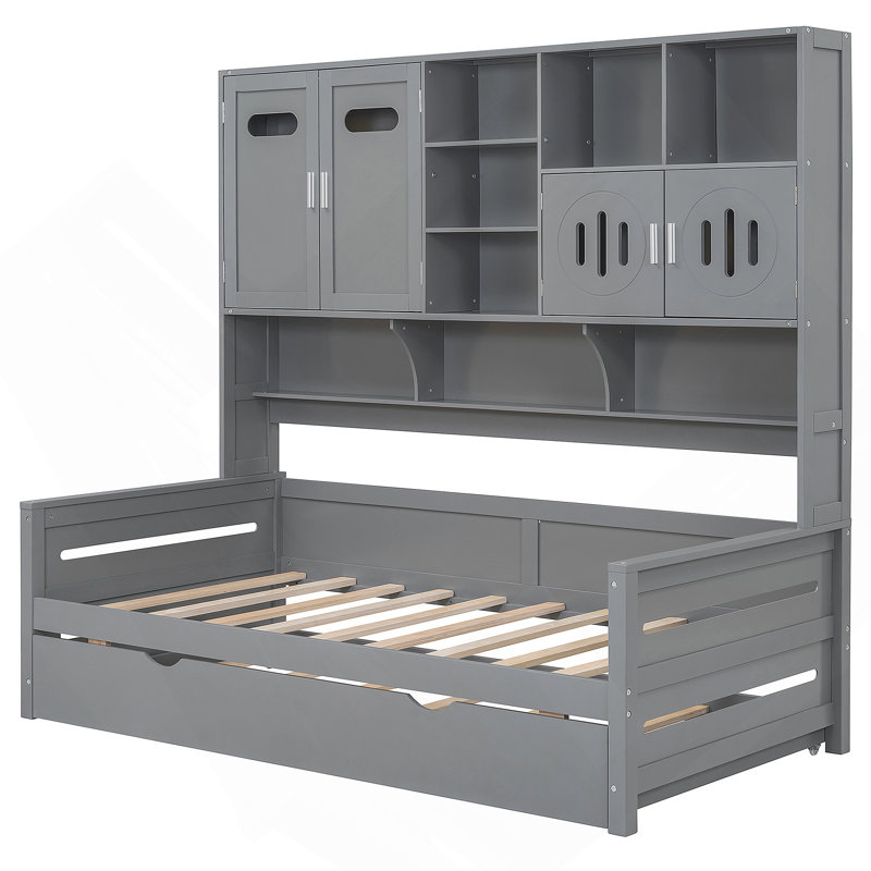 Lit de jour simple en bois avec lit gigogne simple, armoire et tablette tout-en-un
