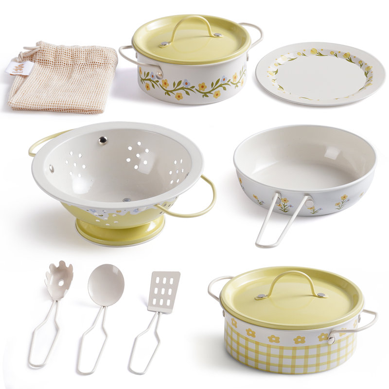 Pretend Play Kitchen Accessories Set with Metal Cookware, Cooking Utensils & Storage Bag, Yellow
