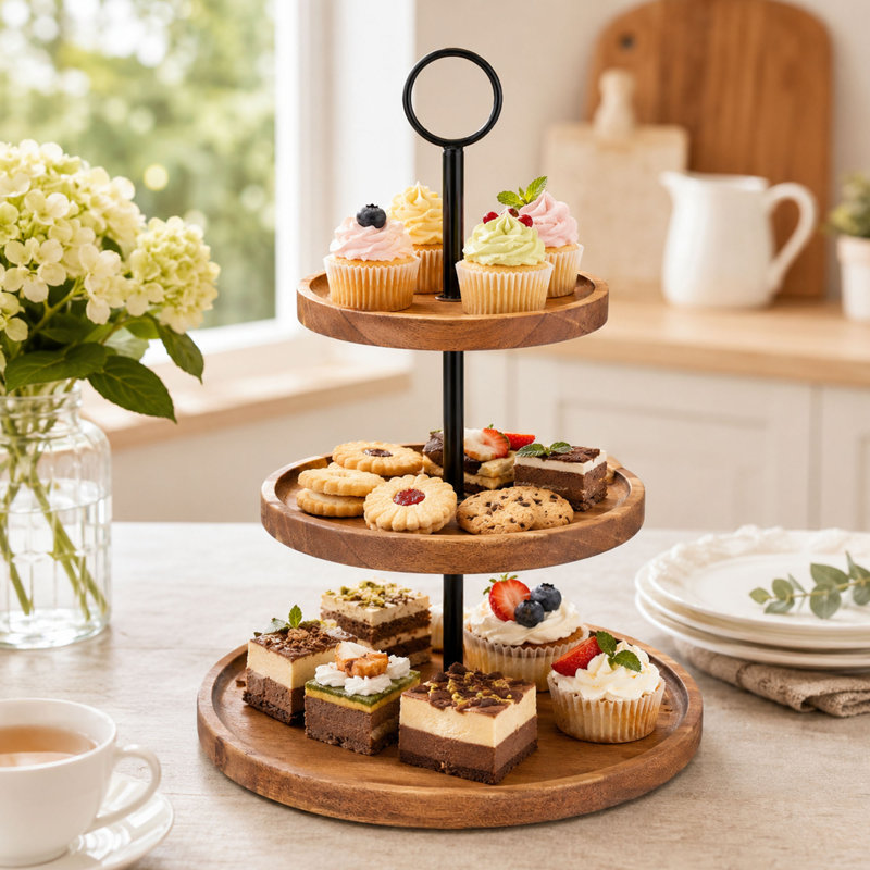 Plateau de service en bois d'acacia à 3 niveaux, plateau de présentation de petits gâteaux