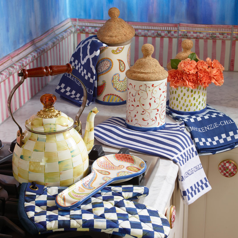 Yellow and Cream Enamel Checkered 3-Quart Tea Kettle