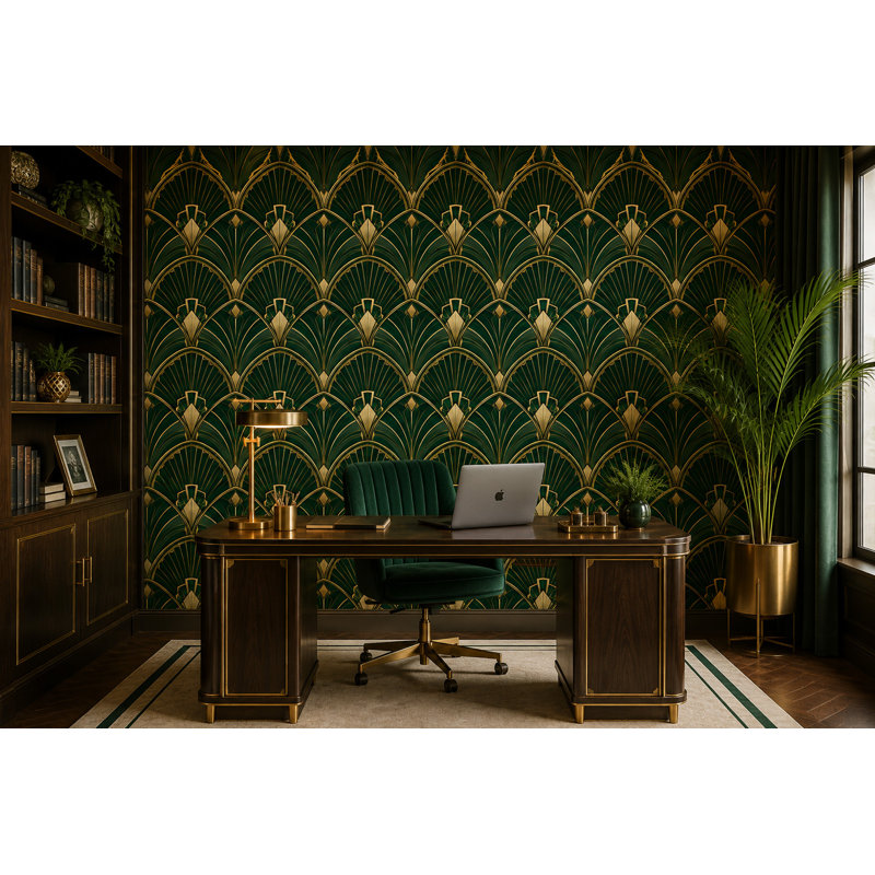 Papier peint à motif géométrique Art déco vert émeraude en forme d'éventail, Échantillon l 23,6 po x H 8,7 po, Vinyle