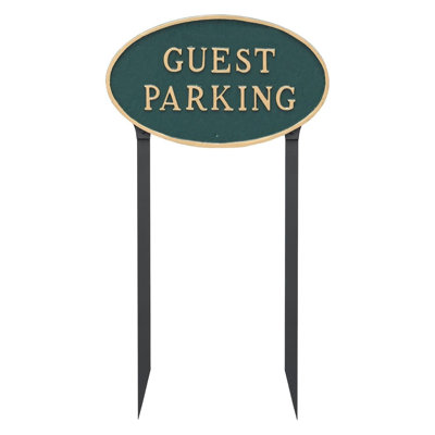 Grande enseigne ovale de 10 po x 18 po pour le stationnement des invités avec piquets de pelouse - blanc / noir
