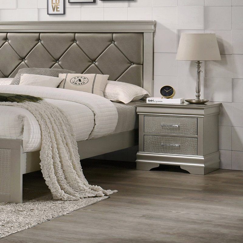 1pièce de chambre à coucher moderne à deux tiroirs de style glamour avec finition champagne et bois massif en cristal de style crocodile touffeté